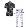 Short Sleeve Flower Print Button Up Vacation Shirt and Destroy Wash Zipper Embellishment Jeans Casual Outfit - BLACK M