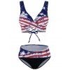 Summer Vacation Swimsuit American Flag Striped Print Patriotic Lace Up Crisscross Bikini Swimwear - RED L