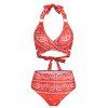 Paisley Print Bohemian Swimsuit Cross Midriff Flossing Halter Bikini Swimwear Two Piece Set - DEEP RED M
