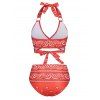 Paisley Print Bohemian Swimsuit Cross Midriff Flossing Halter Bikini Swimwear Two Piece Set - DEEP RED M
