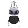 Skull Print Gothic Swimsuit Flounced Halter Padded Cinched Tankini Swimwear Two Piece Set - BLACK XL