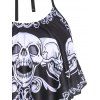 Skull Print Gothic Swimsuit Flounced Halter Padded Cinched Tankini Swimwear Two Piece Set - BLACK XL