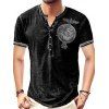 T-Shirt D'Eté Décontracté Vintage à Imprimé Aigle Badge à Demi-Bouton Manches Courtes à Col Rond - Gris M