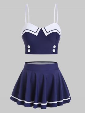 Sailor Style Swimsuit Contrast Mock Button Padded Three Piece Tankini Swimwear Set
