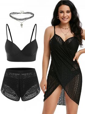 Crochet Multi-way Cover Up Wrap Dress Underwire Bikini Top Knit Swim Shorts And Necklace Summer Outfit