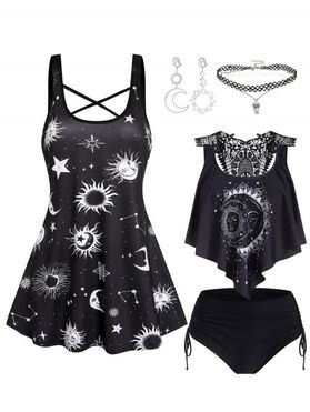Gothic Celestial Sun Moon Cross Tank Top Lace Insert Cinched Tie Swimsuit And Choker Necklace Earrings Summer Outfit