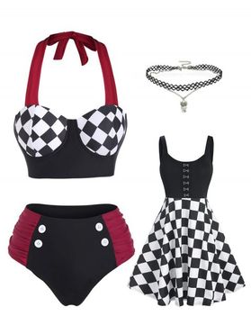 Gothic Checkerboard Tummy Control Swimsuit and Flare Dress and Choker Necklace Outfit