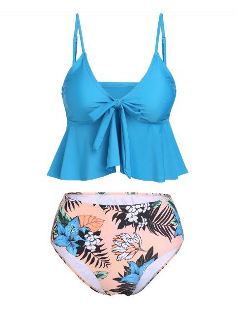 Beach Leaf Floral Print Swimsuit Bowknot Ruffle Plunging High Waist Summer Tankini Swimwear
