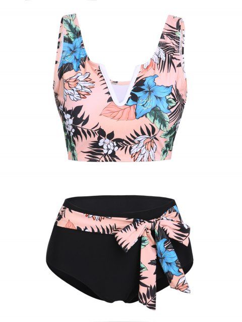 Tropical Beach Swimsuit Cut Out Leaf Floral Print Self Belted Padded Tankini Swimwear