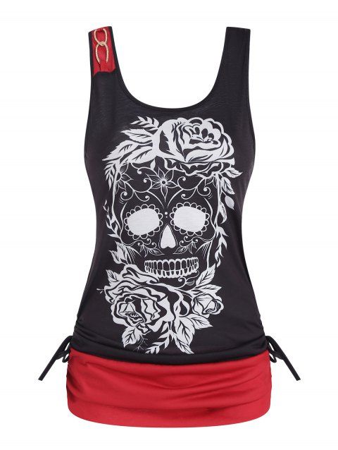 Summer Casual Gothic Tank Top Floral Skull Print O Ring Cinched Contrast Colorblock Top