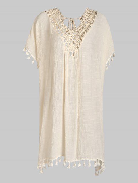 Beach Crochet Tassel Cover Up Tie Up Slit High Low Cover-up