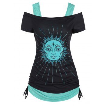 

Celestial Sun Off The Shoulder T Shirt And Cinched Heathered Tank Top Two Piece Set, Black