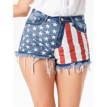 

Summer Patriotic American Flag Denim Shorts Distressed Frayed Hem Pockets Zipper Fly Shorts, Blue