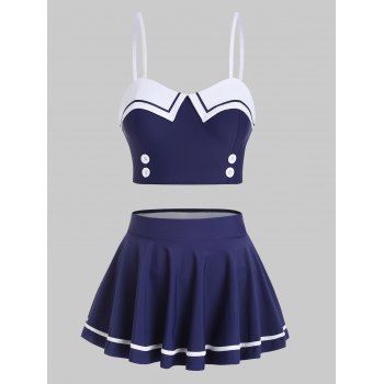 

Sailor Style Swimsuit Contrast Mock Button Padded Skirt Beach Three Piece Tankini Swimwear Set, Deep blue