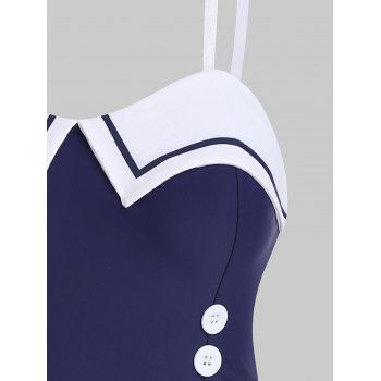 Sailor Style Swimsuit Contrast Mock Button Padded Skirt Beach Three Piece Tankini Swimwear Set