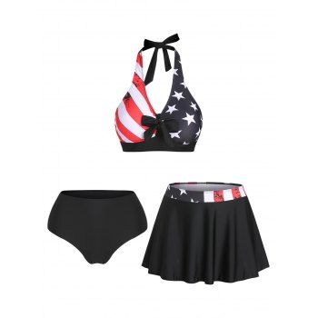 

American Flag Halter Swimsuit Bowknot Star Striped Print Open Back Padded Summer Tankini Swimwear, Black