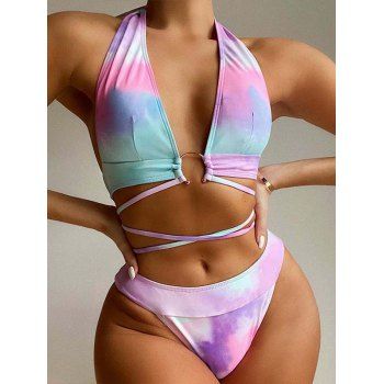 

Beach Tie Dye Cut Out Crisscross Halter Swimsuit High Leg Open Back Bikini Swimwear, Multicolor