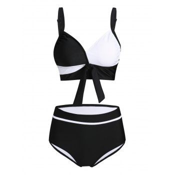 

Monochrome Swimsuit Bowknot V Neck Padded High Waist Strap Summer Tankini Swimwear, Black