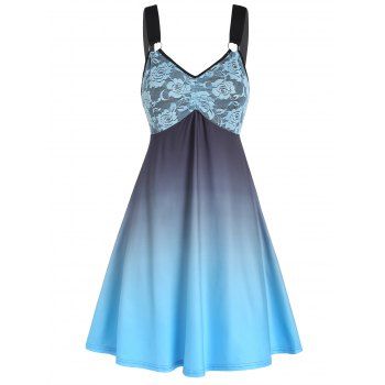 

Summer Casual Ombre A Line Mini Dress Empire Waist Rose Lace Panel V Neck Strap Dress, Light blue