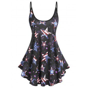 

American Flag Casual Tank Top Star Striped Print Skirted Spaghetti Strap Summer Top, Black