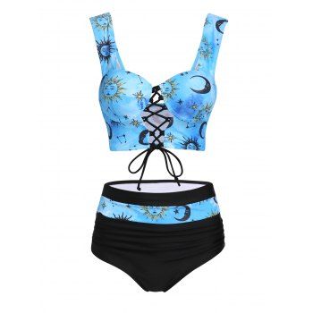 

Tummy Control Swimsuit Lace Up Sun Moon Print Push Up Ruched High Waist Summer Tankini Swimwear, Light blue