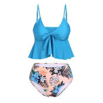 

Beach Leaf Floral Print Swimsuit Bowknot Ruffle Plunging High Waist Summer Tankini Swimwear, Blue