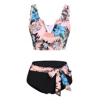 

Tropical Beach Swimsuit Cut Out Leaf Floral Print Self Belted Padded Tankini Swimwear, Light pink