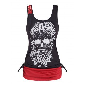 

Summer Casual Gothic Tank Top Floral Skull Print O Ring Cinched Contrast Colorblock Top, Black
