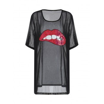 

Plus Size Beach Sheer Cover Up Sequined Lip Tooth Print Mesh Short Sleeves Cover-up, Black