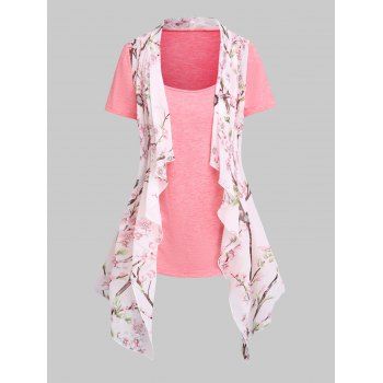 

Chiffon Panel Casual T Shirt Heather Peach Blossom Print Short Sleeve Summer Tee, Light pink