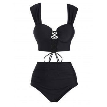 

Summer Plain Color Swimsuit Tummy Control Lace Up Corset Style High Waist Bikini Swimwear, Black