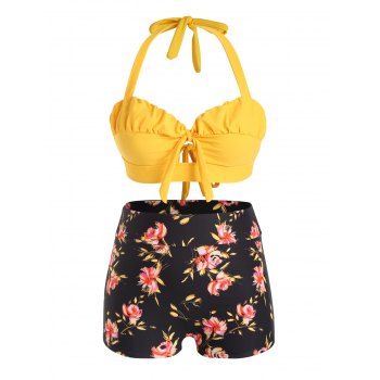 

Plus Size Bright Ruched Bust Cut Out Bikini Top And Flower Print Swim Boyshorts Set, Multicolor