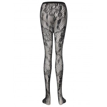 Black Sheer Pantyhose Lace Floral Pattern Rhinestone High Waist Hollow Out Long Stockings