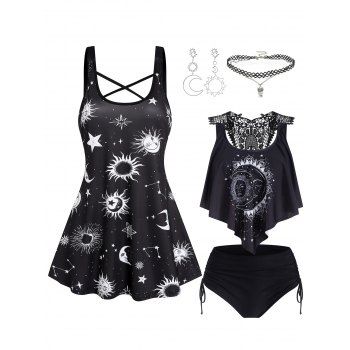 

Gothic Celestial Sun Moon Cross Tank Top Lace Insert Cinched Tie Swimsuit And Choker Necklace Earrings Summer Outfit, Black
