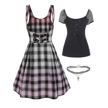 

Ombre Plaid Suspender Flared Skirted Fishnet Insert Lace Up T Shirt And Choker Necklace Summer Outfit, Multicolor