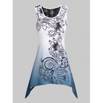 Ombre Flower Print Asymmetric Tank Top Sheer Lace Panel Summer Top