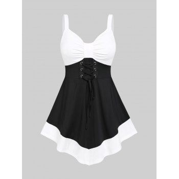 

Plus Size Lace Up Colorblock Empire Waist Tank Top, Black