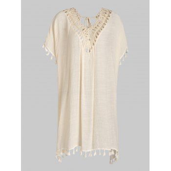 

Beach Crochet Tassel Cover Up Tie Up Slit High Low Cover-up, White