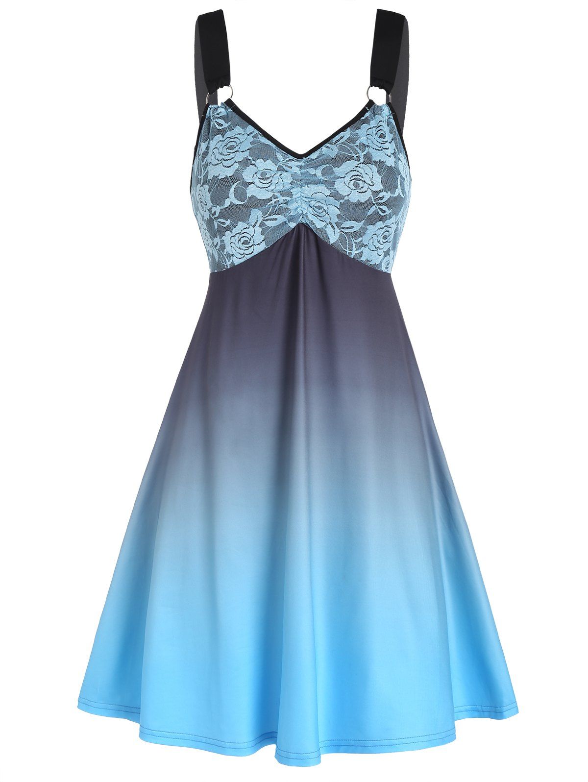 Summer Casual Ombre A Line Mini Dress Empire Waist Rose Lace Panel V Neck Strap Dress - LIGHT BLUE XXL