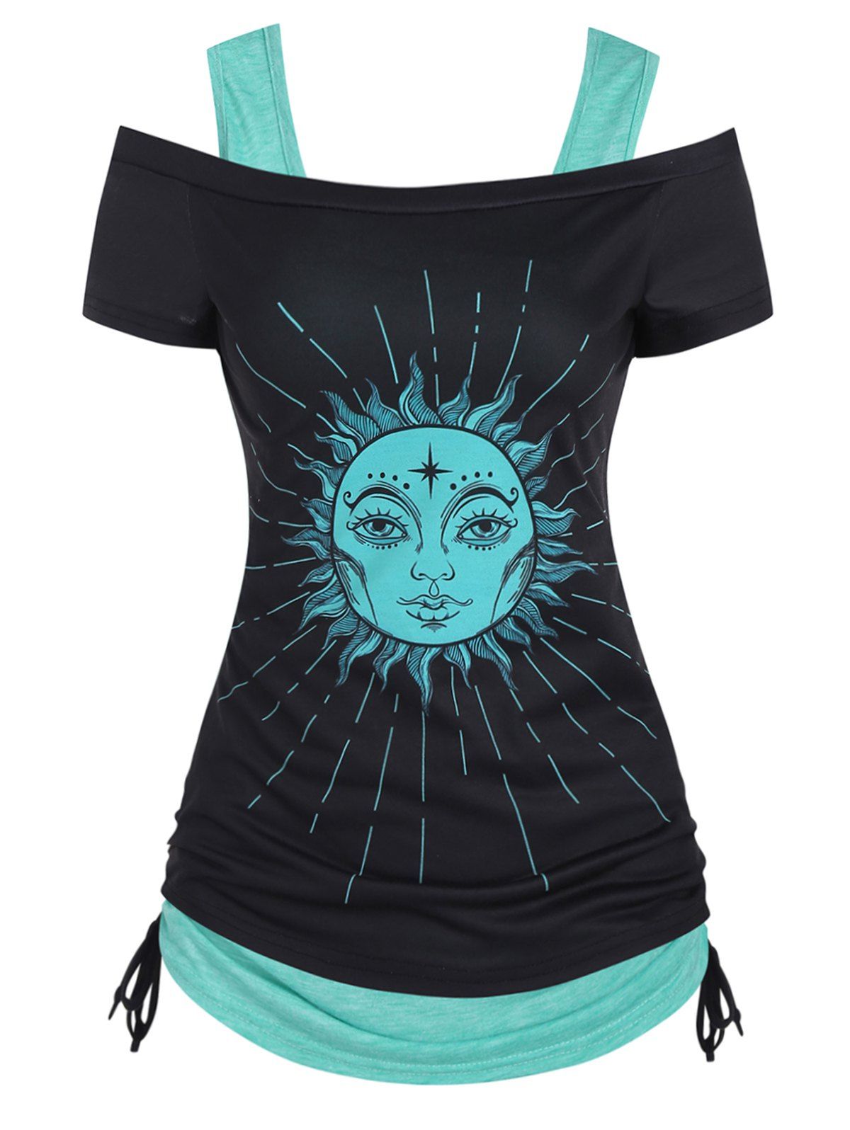 Celestial Sun Off The Shoulder T Shirt And Cinched Heathered Tank Top Two Piece Set - BLACK S