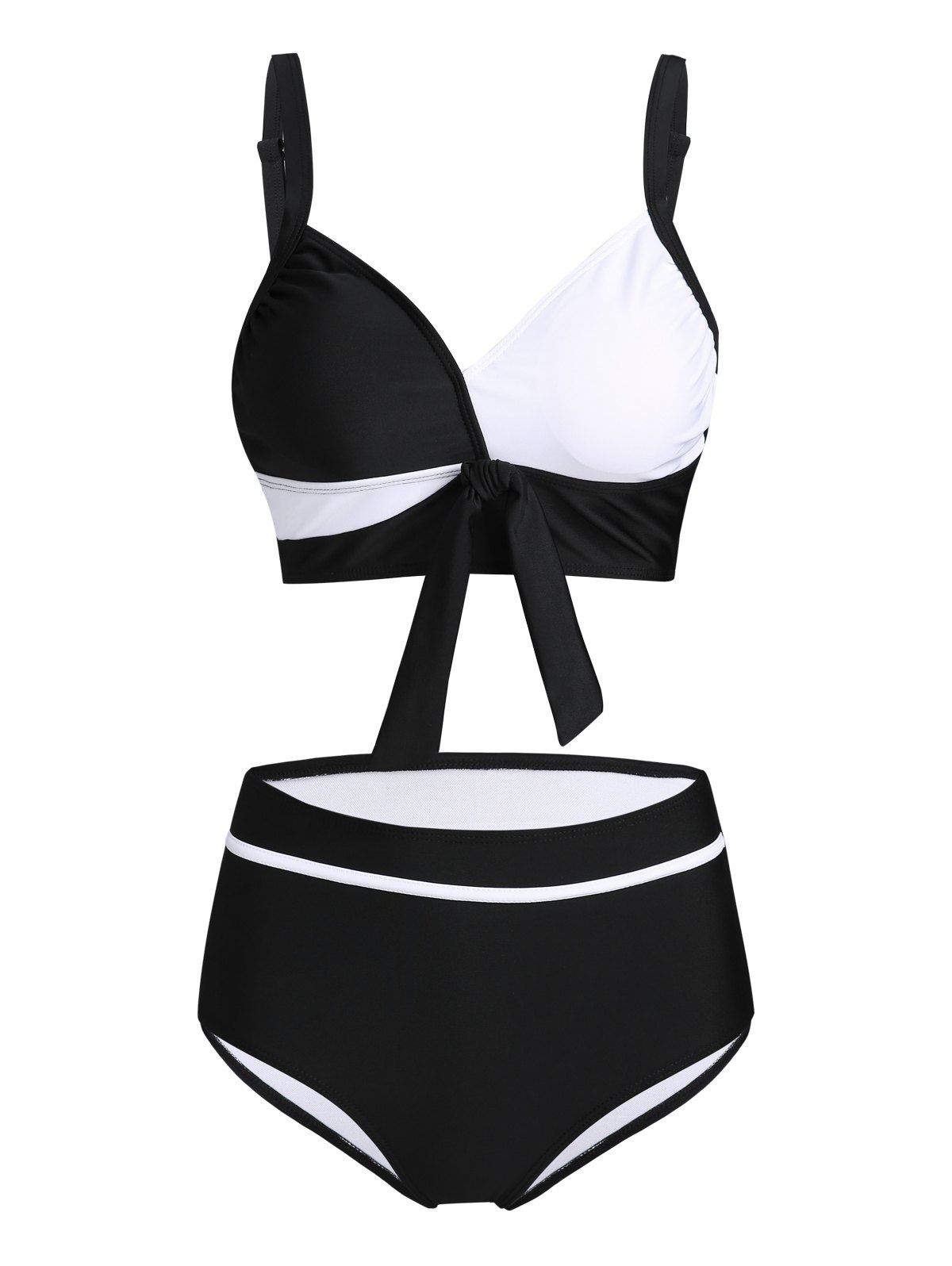 Monochrome Swimsuit Bowknot V Neck Padded High Waist Strap Summer Tankini Swimwear - BLACK XXL