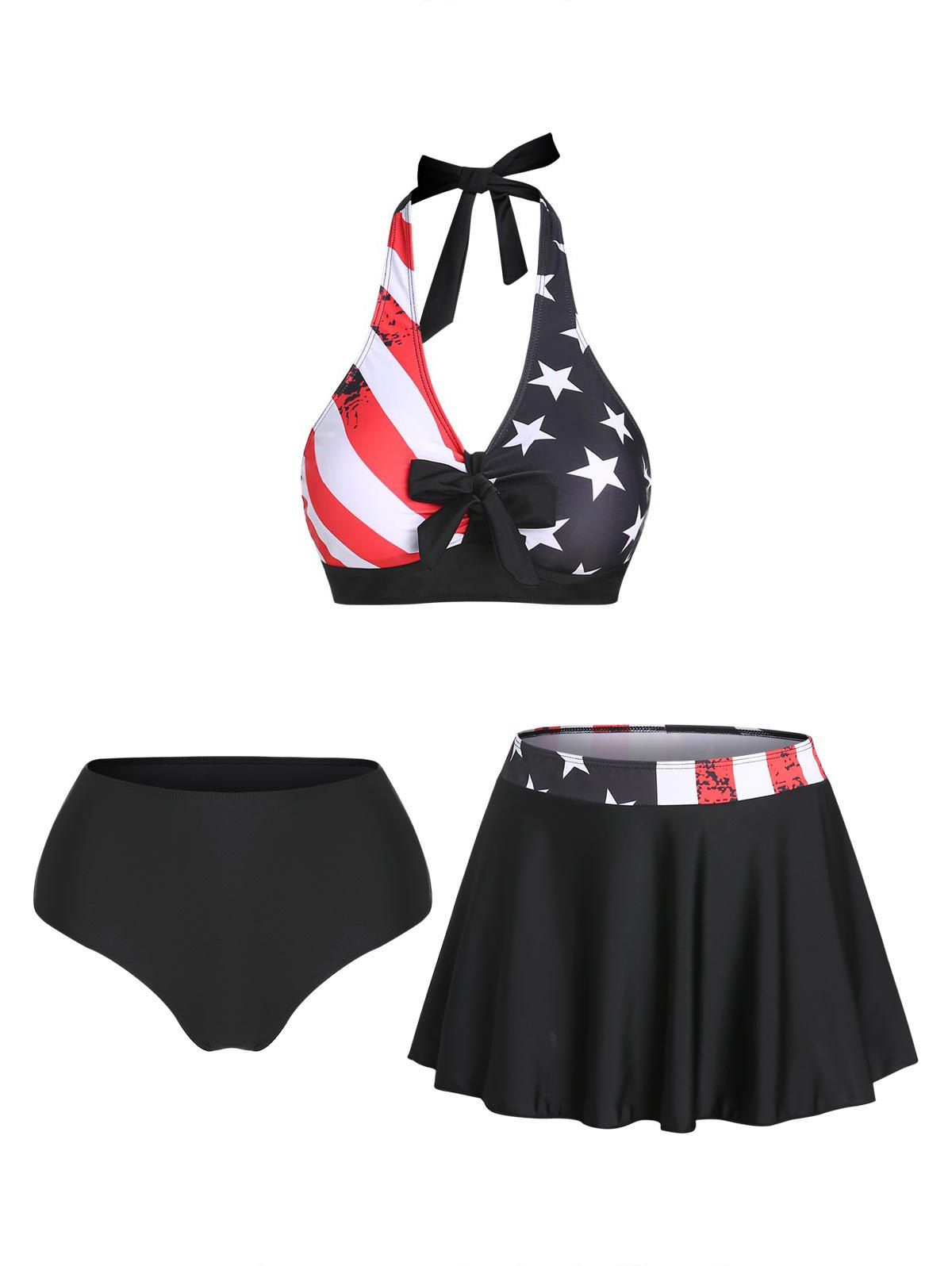 American Flag Halter Swimsuit Bowknot Star Striped Print Open Back Padded Summer Tankini Swimwear - BLACK XXXL