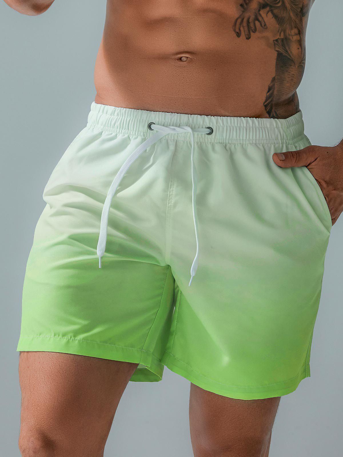 Vacation Ombre Casual Board Shorts Drawstrings Pockets Summer Beach Shorts - GREEN S
