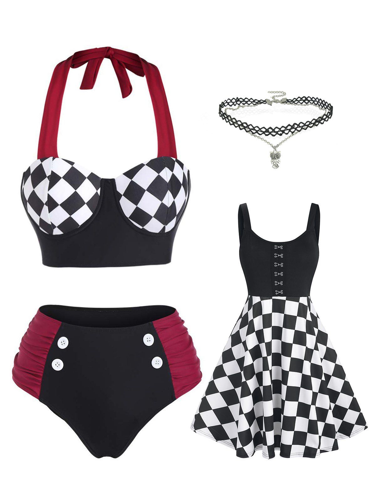 Gothic Checkerboard Tummy Control Swimsuit and Flare Dress and Choker Necklace Outfit - multicolor S