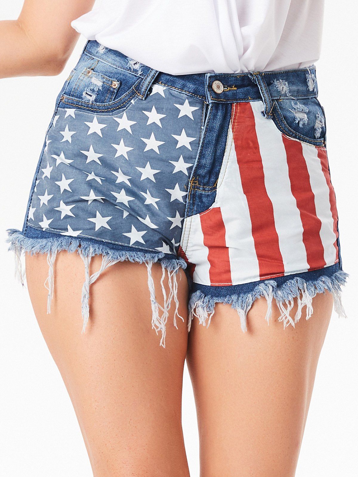 Summer Patriotic American Flag Denim Shorts Distressed Frayed Hem Pockets Zipper Fly Shorts 
