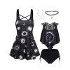 Gothic Celestial Sun Moon Cross Tank Top Lace Insert Cinched Tie Swimsuit And Choker Necklace Earrings Summer Outfit - BLACK S