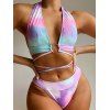 Beach Tie Dye Cut Out Crisscross Halter Swimsuit High Leg Open Back Bikini Swimwear - multicolor XL