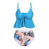 Beach Leaf Floral Print Swimsuit Bowknot Ruffle Plunging High Waist Summer Tankini Swimwear - BLUE XL