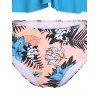 Beach Leaf Floral Print Swimsuit Bowknot Ruffle Plunging High Waist Summer Tankini Swimwear - BLUE XL