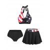 Maillot de Bain Tankini à Drapeau Américain Matelassé Rayé à Imprimé Etoile Ouvert Au Dos à Col Halter - Noir XXXL